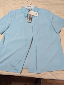 NWT Yves St. Clair Size 18 Soft Aqua Short Sleeve Blouse Embroidered Collar - Picture 1 of 4