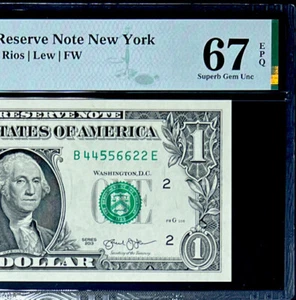 2013 B Dist.$1 FEDERAL RESERVE NOTE-ASCENDING PAIR LADDER#44556622-PMG#67EPQ GEM - Picture 1 of 4