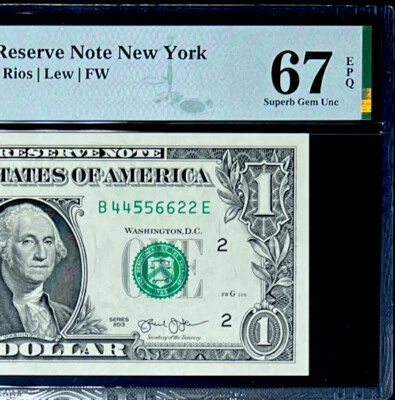2013 B Dist.$1 FEDERAL RESERVE NOTE-ASCENDING PAIR LADDER#44556622-PMG#67EPQ GEM - Image 1 of 4
