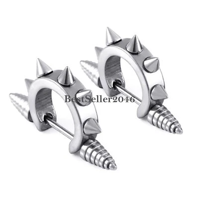 2pcs Spike Stainless Steel Hip Hop Mens Awl Taper Huggie Hoop Cuff Earrings - Image 1 of 4