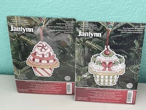 2 Janlynn Cross Stitch Kit Ornaments Candy Cane Cupcake & Bow Cupcake NEW - Picture 1 of 6