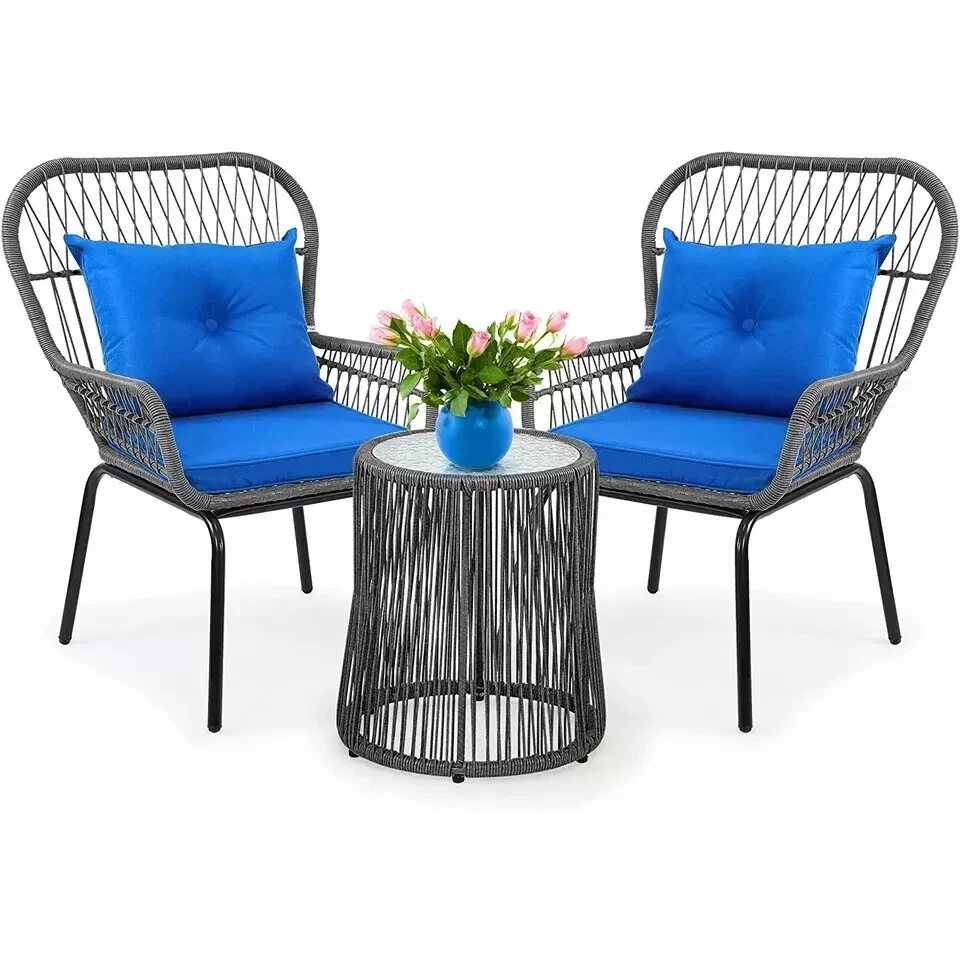 Patio Chair & Table Set Wicker Rattan 3Pcs Outdoor Furniture Bistro Set, Blue - Image 1 of 4