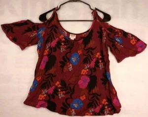 Mossimo Shirt Women's Medium Maroon Cold Shoulder Short Sleeve - Picture 1 of 7