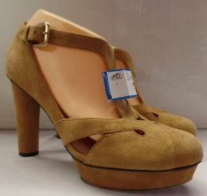 B Makowsky Tan Suede Chris Cross Platform 4" Heels Sz 8.5 Bruce Makowsky - Picture 1 of 12