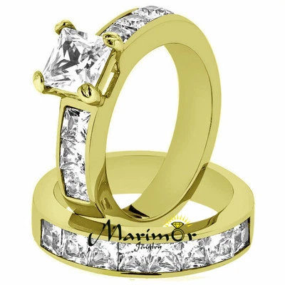 Stunning Stainless Steel Princess Cut CZ 14k GP Wedding Ring Set Women's Sz 5-11 - Image 1 of 4