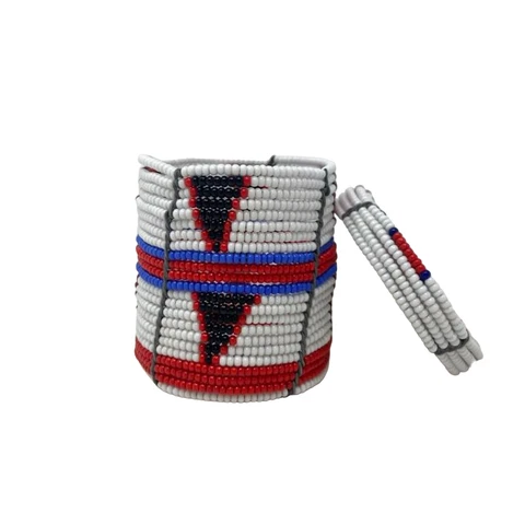 Handmade Vintage Kenyan Beaded Basket, White Red Blue & Black Jewelry Box, Knick Cover