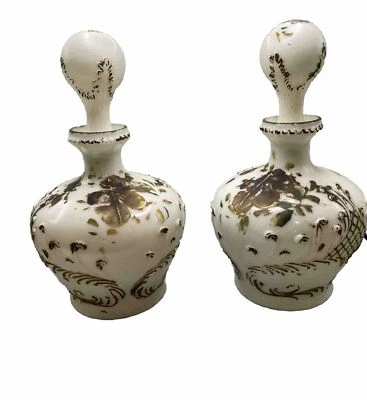 pair of antique hand painted ornate milk glass barber cologne bottle decanter 8” - Image 1 of 4