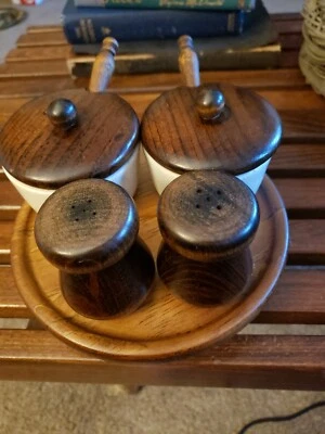 Vintage Wood & porcelain Condiment set on Lazy Susan - Image 1 of 4
