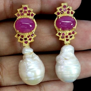 925 Sterling Silver Earrings Oval Ruby 10x8mm Pearl Natural Gemstone Jewelry - Picture 1 of 13
