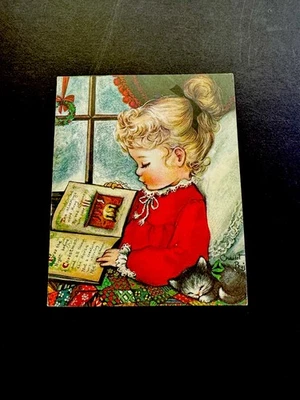 1 VTG Crestwick Charlot Byj Xmas Greeting Card Girl Reading To Sleepy Kitten Cat - Image 1 of 3
