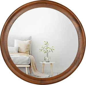 round Wall Mirrors 24 Inch,Wood Rustic Decorative Transitional Mirror with Walnu - Picture 1 of 7