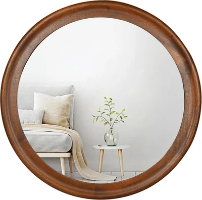 round Wall Mirrors 24 Inch,Wood Rustic Decorative Transitional Mirror with Walnu - Image 1 of 4