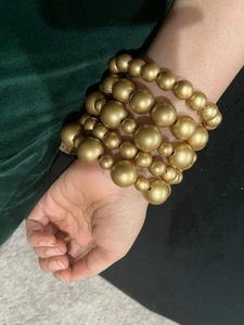 Gold Bracelet Faux Pearl Bead Fat Stretchy Chunky Statement Multi Layered - Picture 1 of 6