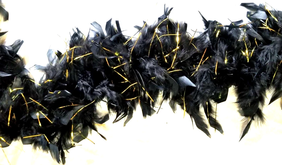 VTG Real Feather Boa Black w Gold Tinsel Accent 75" Long Flapper Opera Costume - Image 1 of 4