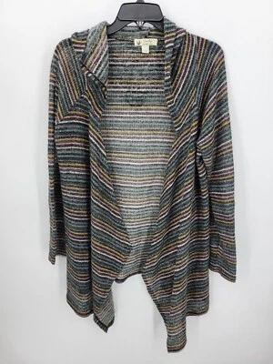 One World Unity Cardigan Sweater Womens Large Black Stripe Lightweight Hooded - Image 1 of 4