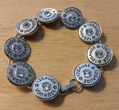 Pulsera Western Tono Plata Imitación 12 Calibre Bala Shell con Cristales  Foto 1 de 4