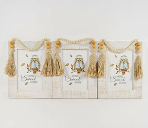 Menge 3 Home Sweet Home Boho primitiv weiß Holz gerahmt Kunst Plakette Eule Perlen - Bild 1 von 4