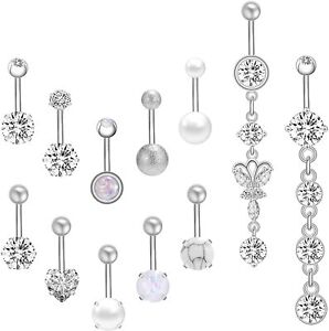 12Pcs/lot 14G Pearl Belly Navel Rings Stainless Steel Dangle Belly Button Rings