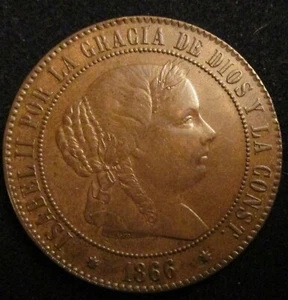 ESPAÑA, 708-ISABEL II, 5 CÉNTIMOS ESCUDO 1866, BARCELONA SIN OM, AUNC. - Imagen 1 de 2