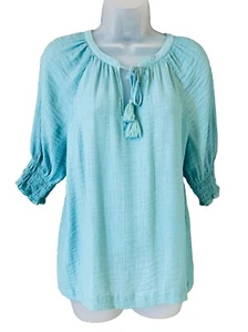 Blusa Top Ann Taylor Para Mujer Talla S Gasa Cuello Corbata Manga Calada Azul Ostra - Imagen 1 de 10