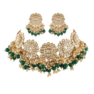 Indian Bollywood Gold Plated Kundan Green Pearl Necklace Earrings Jewelry Set - Picture 1 of 5