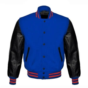 Royal Blue Varsity Jacket Black Leather Sleeves – Red Trim Wool Letterman Coat - Picture 1 of 5