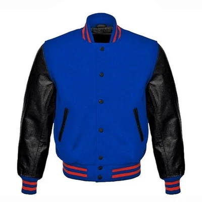 Royal Blue Varsity Jacket Black Leather Sleeves – Red Trim Wool Letterman Coat - Image 1 of 4