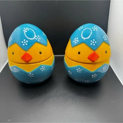 Temptations 5 1/2 inch Chick Egg Ceramic Containers - Blue and Orange Easter - Image 1 of 4