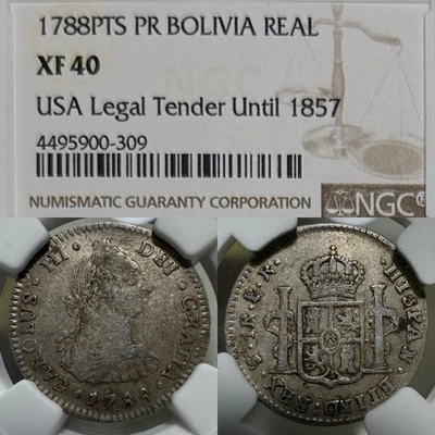 1788 Bolivia Real NGC XF40 Silver Coin Charles III USA Legal Tender Until 1857 - Image 1 of 4