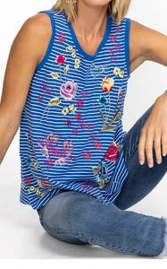 Johnny Was Damen Jessi blau gestreift Blumen bestickt Strick Tank Top Größe MED - Bild 1 von 13