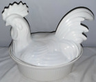 Vintage CALI USA Pottery White Chicken/Rooster Covered Tureen 11” x 11” x 8”
