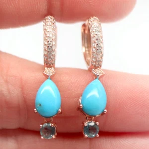 Sin Calentar Piedra Azul Turquesa,Zafiro & Circonita Pendientes 925 Plata de Ley - Imagen 1 de 4