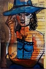 ACEO Original Acrylic Painting Portrait Art Girl with Blue Miniature Collage art