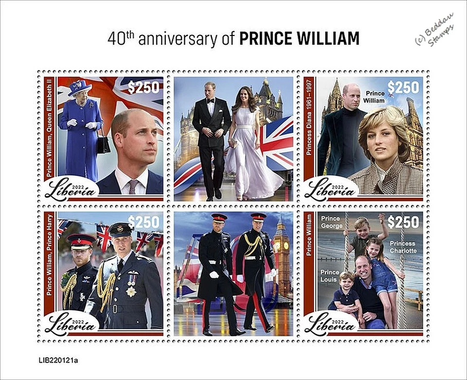 Hoja de estampillas PRINCE WILLIAM y familia real QEII/Harry/Princesa Di (2022 Liberia) Foto 1 de 1