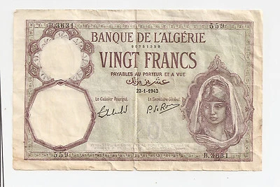 Banco de Argelia 1942 20 francos ~ moneda militar aliada Foto 1 de 2