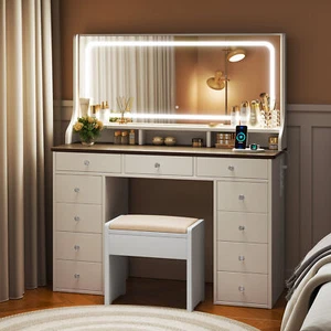 Große Schminktisch mit verstellbaren LED-Beleuchtung und Steckdosen 11Schubladen - Bild 1 von 12