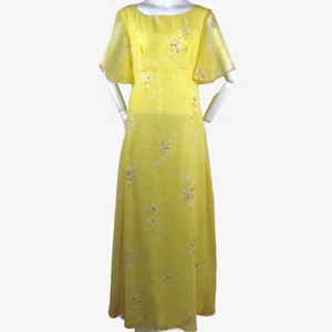 Maxi Vestido Vintage Años 70 Amarillo Transparente Floral Mangas Aleteador Cintura Imperio MOD Ro - Imagen 1 de 12