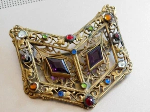 LG Nouveau Victorian Chevron Filigree Embossed Brooch Pin-Multicolor Rhinestones - Picture 1 of 4