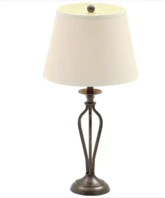 PACK de 2 Hampton Bay Rhodes 28 pulgadas Lámpara de mesa de bronce con pantalla de lino natural Foto 1 de 2