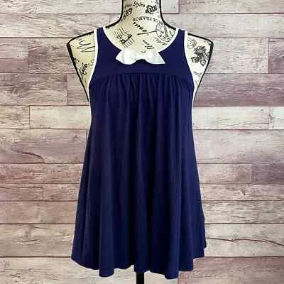 Camiseta sin mangas Kate Spade azul oscuro/blanco ribete y lazo plisada fluida cuello redondo - talla M Foto 1 de 4
