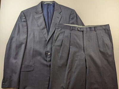 VTG Hickey Freeman Loro Piana 2 Piece Suit Men 42L Navy Striped Pleated Pant R3 - Image 1 of 4