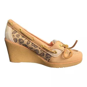 Zapatos de barco Sperry TopSider Goldfish tacones de cuña lino tostado cuero leopardo lentejuelas - Imagen 1 de 21