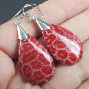Pendientes de plata de ley 925 con forma de lágrima de resina roja y coral joyería, RCE-232 - Imagen 1 de 8