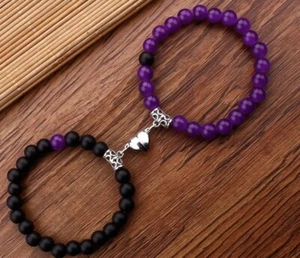 Magnetic Heart Couples Stretch Bracelets Matching Bracelets Purple & Black - Picture 1 of 2