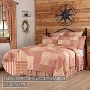 Sawyer Mill Red KING QUILT Block Patchwork 105Wx95L Tan Creme Ticking Stripe - Picture 1 of 4