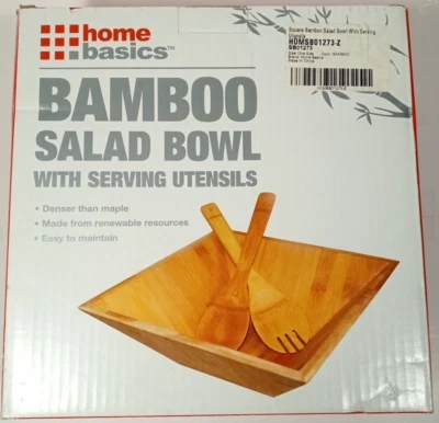 Juego de ensaladera cuadrada de bambú con utensilios para servir cuadrado grande 11" Foto 1 de 4
