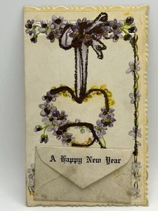 Vintage Die Cut Embossed New Years Card German Floral Holiday Embossed Glitter - Picture 1 of 6