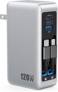 120W USB C Ladeblock mit 2 integrierten einziehbaren Kabeln, 4-in-1 Gan IV Foldab - Bild 1 von 12