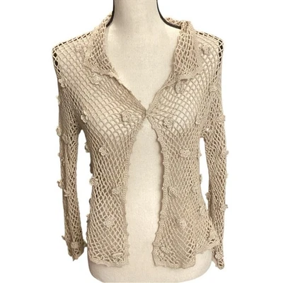 Cárdigan J. Jill Crochet Mano Tejido Abierto Botón 3D Flores Natural Taupe Talla XS Foto 1 de 4