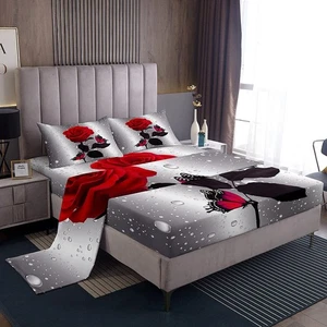 Rose Bedding Botanical Flowers Bed Sheet Set Butterfly Floral Fitted Sheet Qu... - Picture 1 of 1